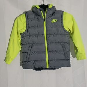 Nike Gray and Neon Green Puffer Vest with Hoodie size 4T